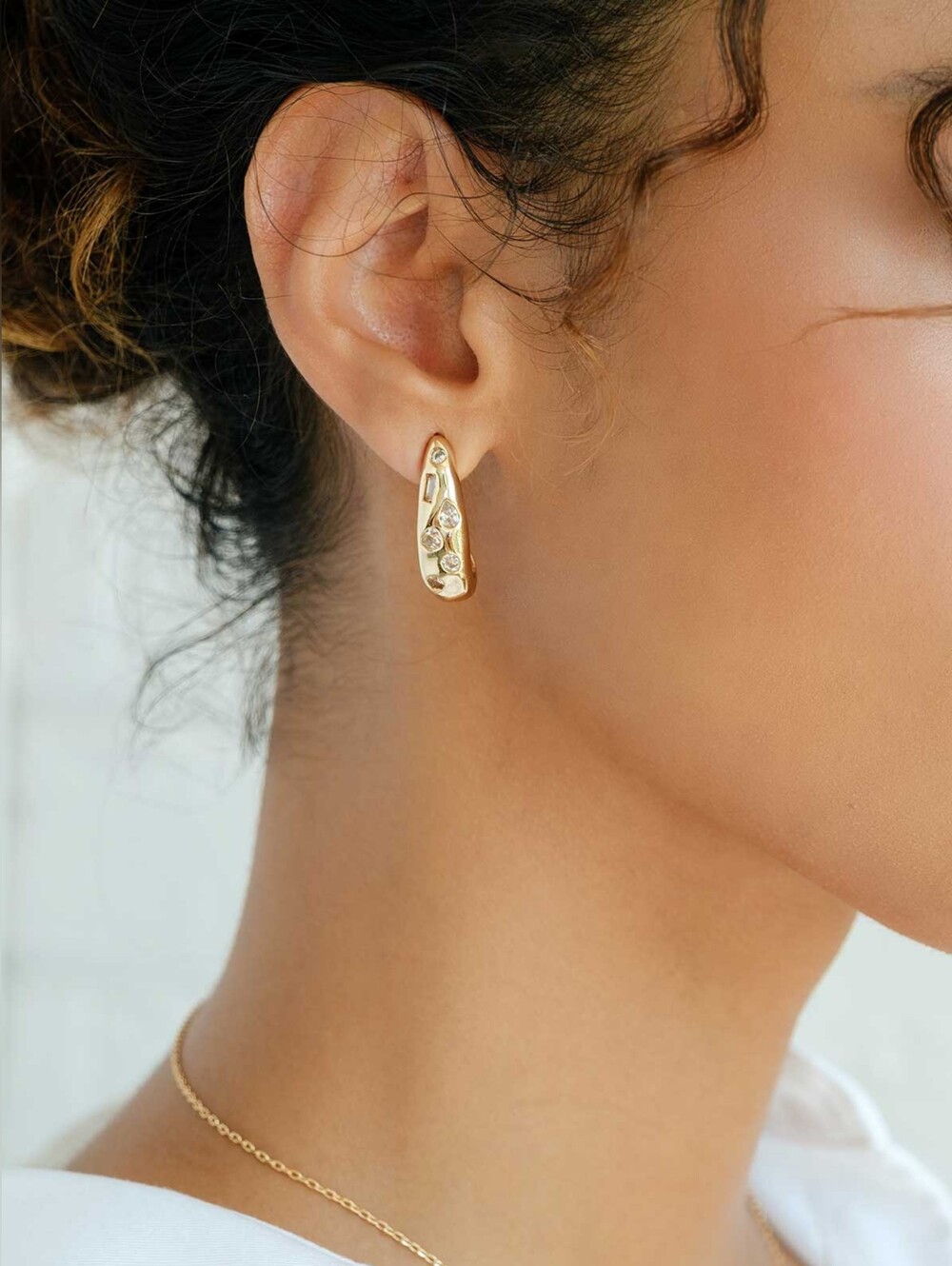 Gold Teardrop Huggie Earrings with Crystal Accents